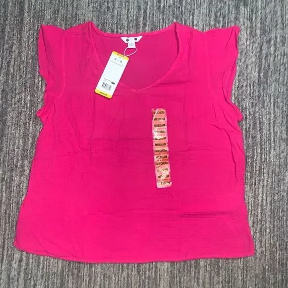Three Dots Womens Medium Pullover Top Fushia Pink Short Sleeve Gauze Cotton NWT - Picture 1 of 7